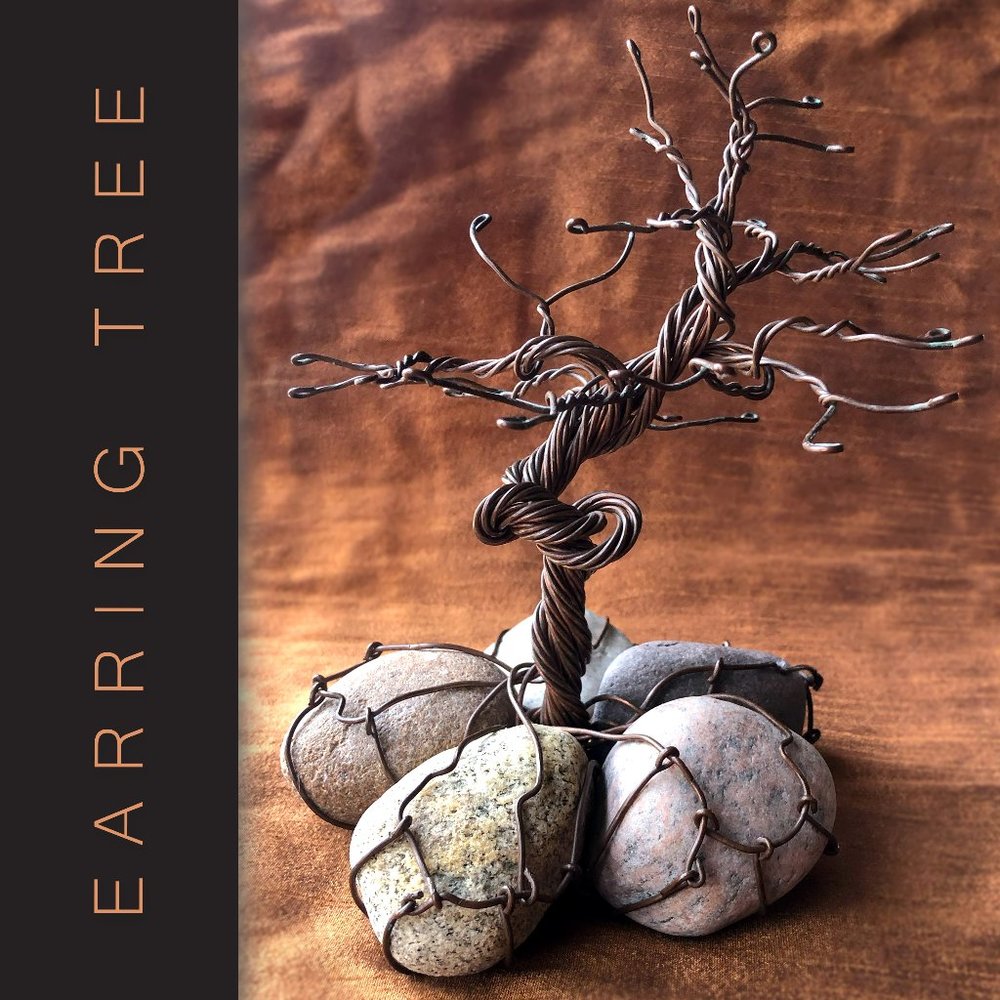 Copper and Natural Stone Hand Crafted Earring Tree / Copper Tree Sculpture 10" h
